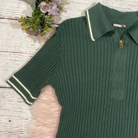 Varley Green Ribbed Napier Fitted Knit Polo Top - Picture 5 of 8